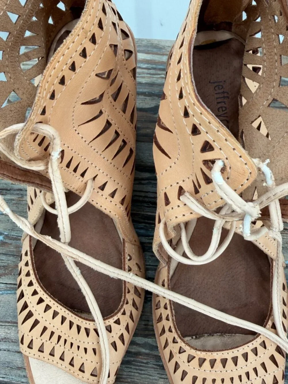 Jeffrey Campbell Tan Leather Cutout Wedge Heels Lace Up Peep Toe Size 7.5